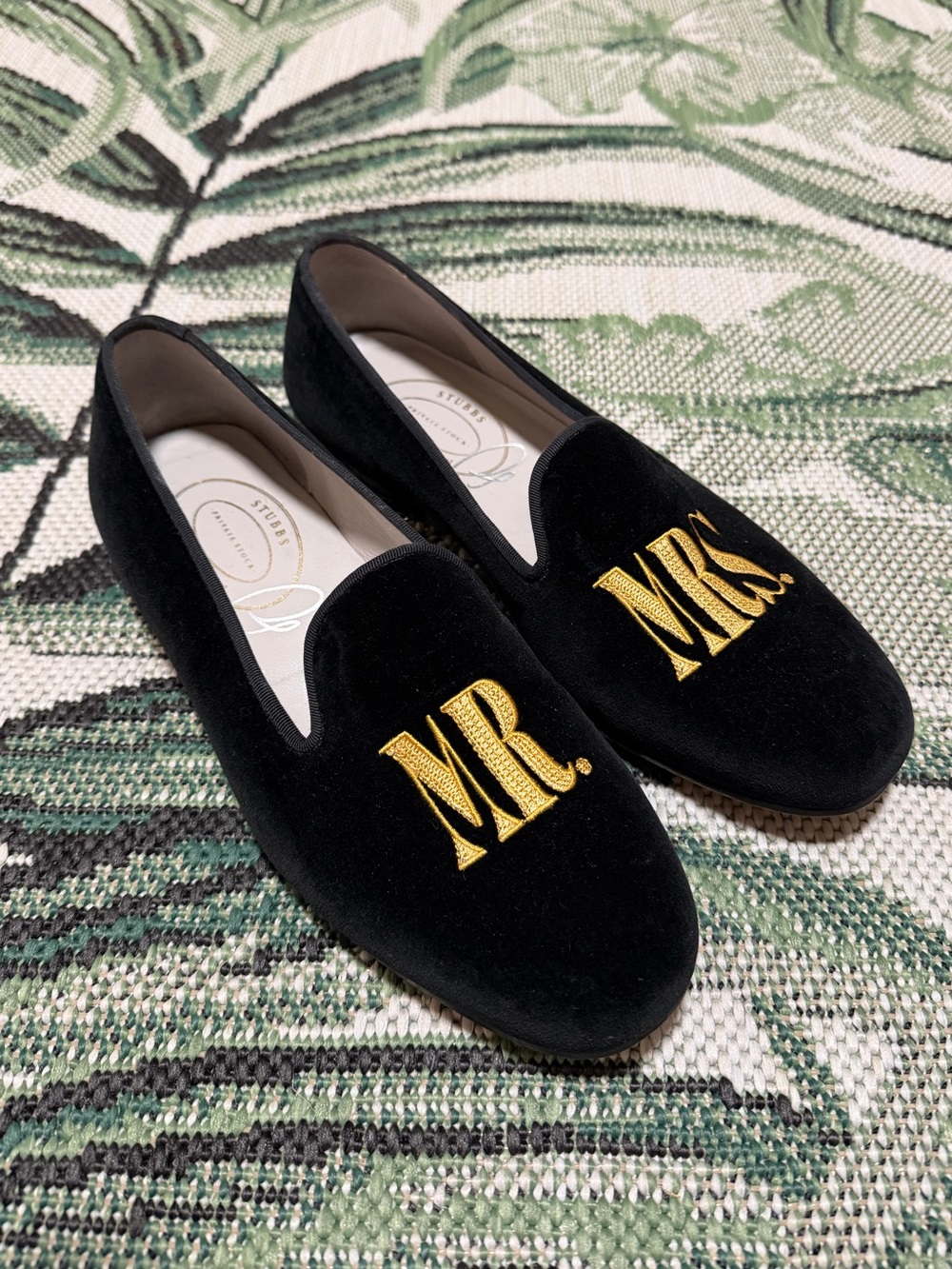 Stubbs & Wooton Shoes Black Velvet MR. & MRS. Embroidered Slippers Wedding 10.5